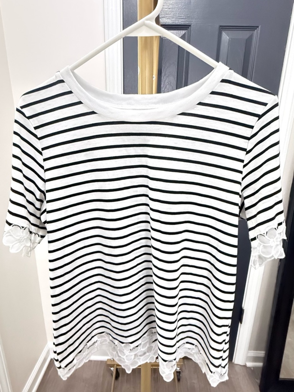 Something Navy White & Black Striped Short Sleeve Lace-Hem Tee